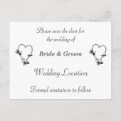 白黒のハート蝶の日付を保存 案内ポストカード (裏面)