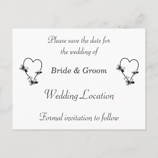 白黒のハート蝶の日付を保存 案内ポストカード (裏面)