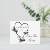 白黒のハート蝶の日付を保存 案内ポストカード (スタンド正面)