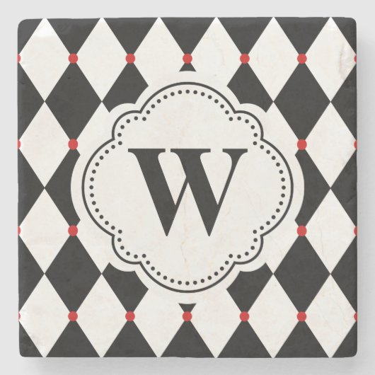 白黒のハーレクイン模様(モノグラム付) ストーンコースター (正面)