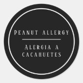 白黒のバイリンガルピーナッツアレルギー警告 ラウンドシール (正面)