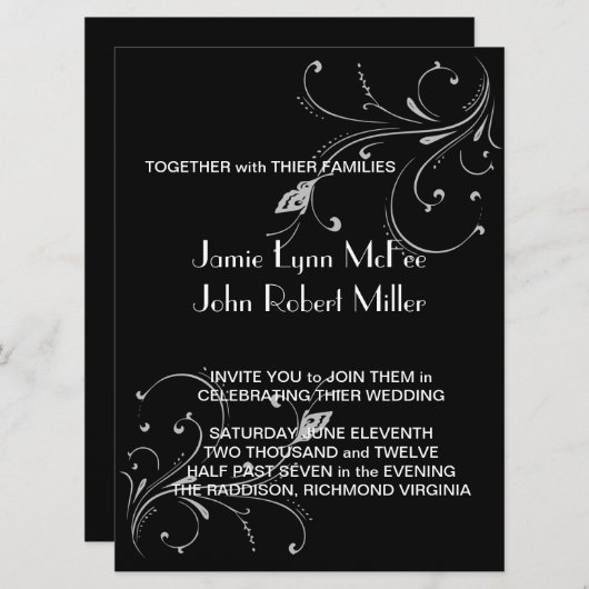 白黒のバタフライのスクロール結婚式招待状 招待状 (正面/裏面)