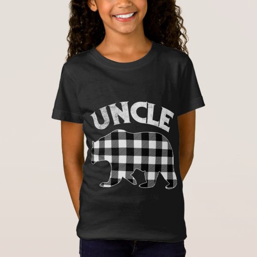 白黒のバッファローの格子柄の叔父のクマのクリスマス Tシャツ (正面)