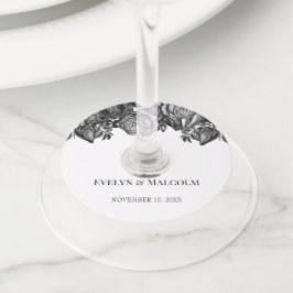 白黒のバラのミニマル結婚リスト ワイングラスタグ