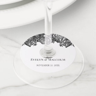 白黒のバラのミニマル結婚リスト ワイングラスタグ