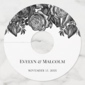 白黒のバラのミニマル結婚リスト ワイングラスタグ (正面)