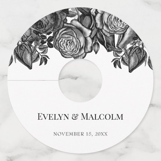 白黒のバラのミニマル結婚リスト ワイングラスタグ (正面)