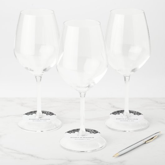 白黒のバラのミニマル結婚リスト ワイングラスタグ (セット)