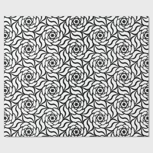 白黒のバラの花の線画の継ぎ目が無いパターン ラッピングペーパー (フラット)