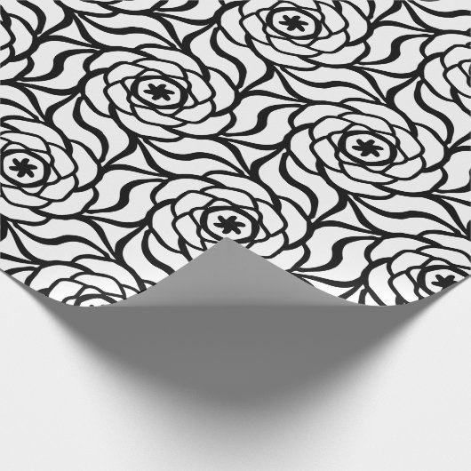 白黒のバラの花の線画の継ぎ目が無いパターン ラッピングペーパー (角)