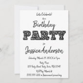 白黒のバラの花柄の誕生日 招待状 (正面)