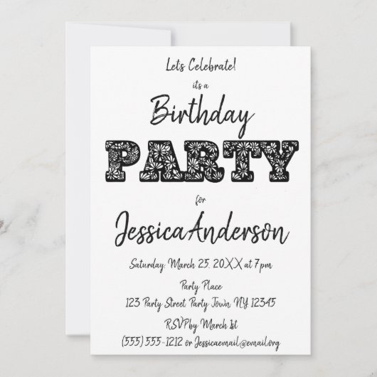 白黒のバラの花柄の誕生日 招待状 (正面)