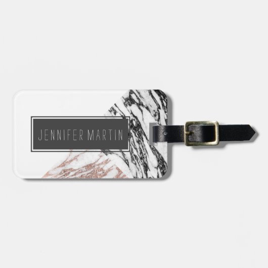 白黒のバラの金ゴールドの大理石の幾何学的な三角形 ラゲッジタグ (正面横)