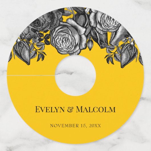 白黒のバラの金ゴールドゴールデロ結婚ッド ワイングラスタグ (正面)