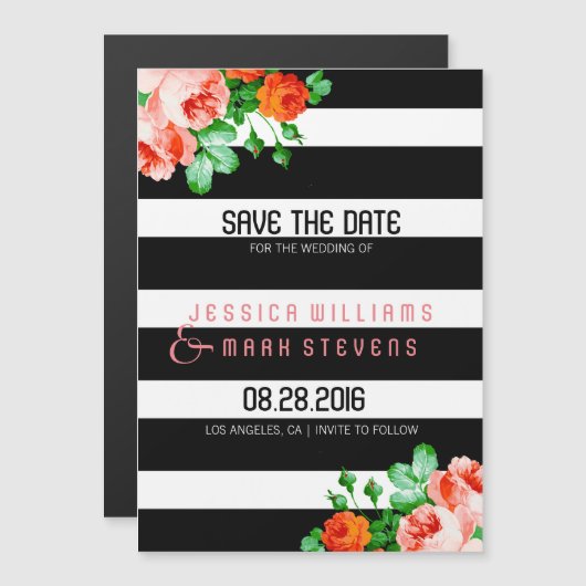 白黒のバラストライプズアクセント マグネット招待状 (正面/裏面)