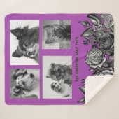 白黒のバラ明るい紫のフォトコラージュ シェルパブランケット (正面(横))