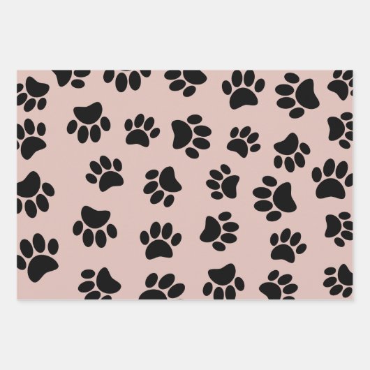 白黒のバラ金ゴールド上の犬の足のパターン ラッピングペーパーシート (正面)