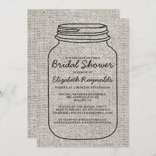 白黒のバーラップのメーソンジャーのブライダルシャワーの招待 招待状 (正面/裏面)