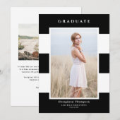 白黒のパタストライプーン写真の卒業 案内状 (正面/裏面)