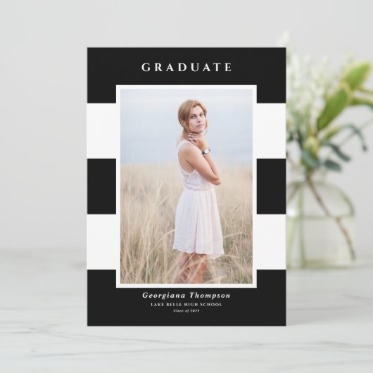 白黒のパタストライプーン写真の卒業 案内状 (スタンド正面)