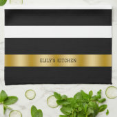 白黒のパターンストライプ金ゴールドアクセント キッチンタオル (折り畳み)