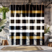 白黒のパターンストライプ金ゴールドアクセント シャワーカーテン