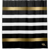 白黒のパターンストライプ金ゴールドアクセント シャワーカーテン (正面)