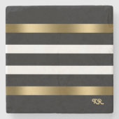 白黒のパターンストライプ金ゴールドアクセント ストーンコースター (正面)