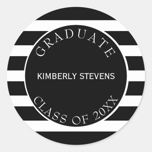 白黒のパターンストライプ – 卒業生 ラウンドシール (正面)