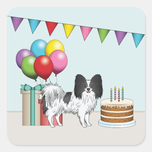 白黒のパピヨンの犬のカラフルな誕生日 スクエアシール (正面)