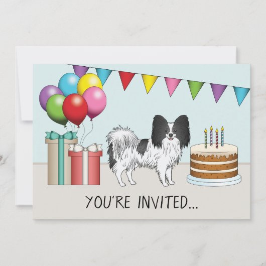 白黒のパピヨンの犬のカラフルな誕生日 招待状 (正面)