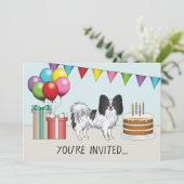 白黒のパピヨンの犬のカラフルな誕生日 招待状 (スタンド正面)