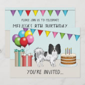 白黒のパピヨンの犬のカラフルな誕生日 招待状 (正面/裏面)