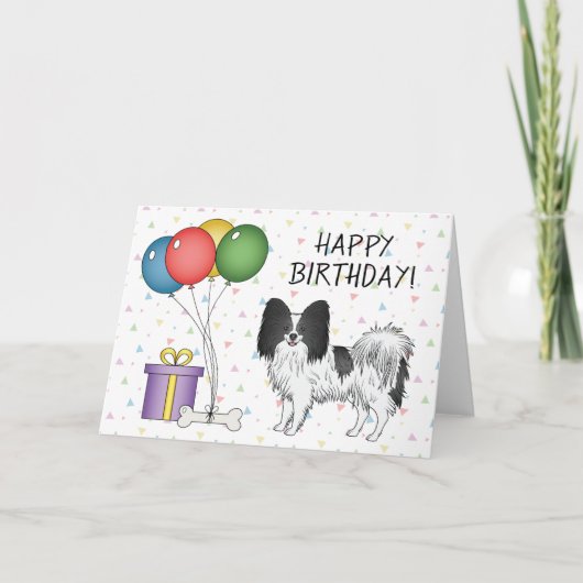 白黒のパピヨンの犬 お誕生日おめでとう カード (正面)