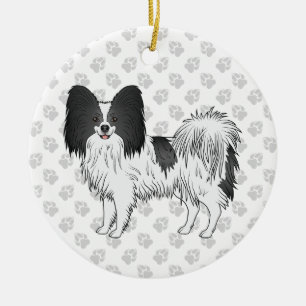 白黒のパピヨン かわいい犬の前足 セラミックオーナメント