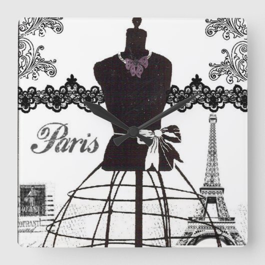 白黒のパリのファッションのマネキン スクエア壁時計 (正面)