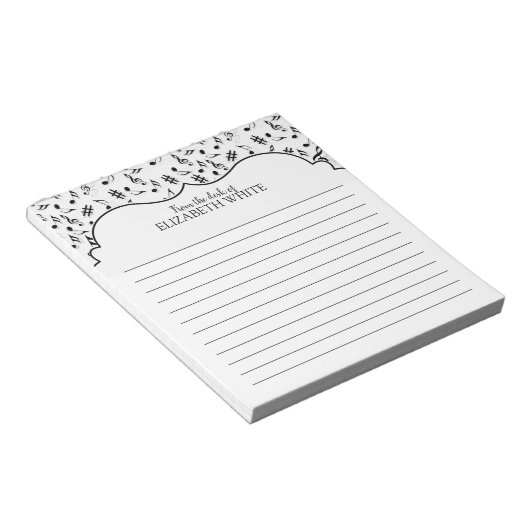 白黒のパーソナライズされた音楽メモ ノートパッド (アングル)