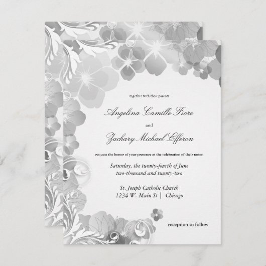 白黒のヒナギクと渦巻フォーマルき結婚の 招待状 (正面/裏面)