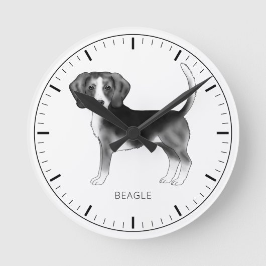 白黒のビーグル犬のデザインとテキスト ラウンド壁時計 (正面)