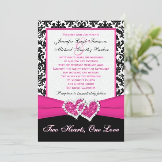 白黒のピンクのダマスク織のハートの結婚式招待状 招待状 (スタンド正面)