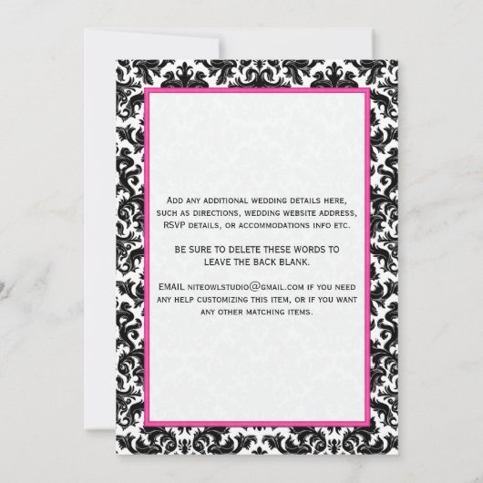 白黒のピンクのダマスク織のハートの結婚式招待状 招待状 (裏面)