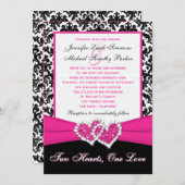 白黒のピンクのダマスク織のハートの結婚式招待状 招待状 (正面/裏面)