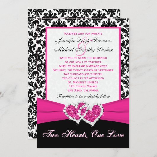 白黒のピンクのダマスク織のハートの結婚式招待状 招待状 (正面/裏面)