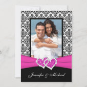 白黒のピンクのダマスク織及びハートの写真の招待状 招待状 (正面)