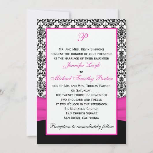 白黒のピンクのダマスク織及びハートの写真の招待状 招待状 (裏面)