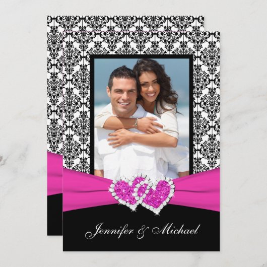 白黒のピンクのダマスク織及びハートの写真の招待状 招待状 (正面/裏面)