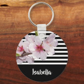 白黒のピンクストライプのさくらんぼ花名 キーホルダー (正面)