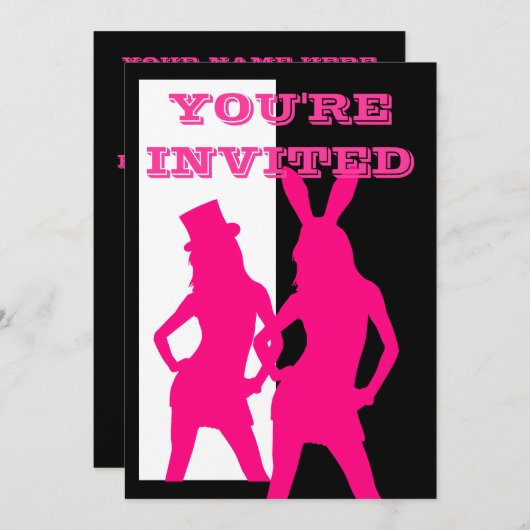 白黒のピンクパーティーの女の子 招待状 (正面/裏面)