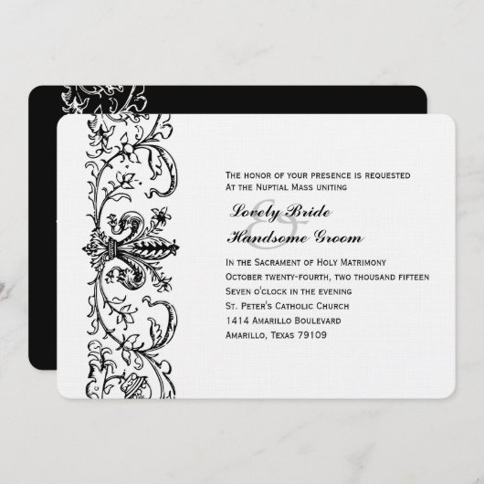 白黒のフルーアのカトリック教徒の結婚式招待状 招待状 (正面/裏面)