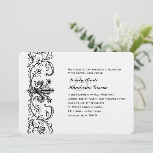 白黒のフルーアのカトリック教徒の結婚式招待状 招待状 (スタンド正面)